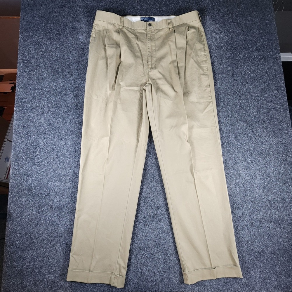 Polo Ralph Lauren Hammond Pant Mens 38x32 Khaki Tan Pleated Cuffed Cotton Chinos